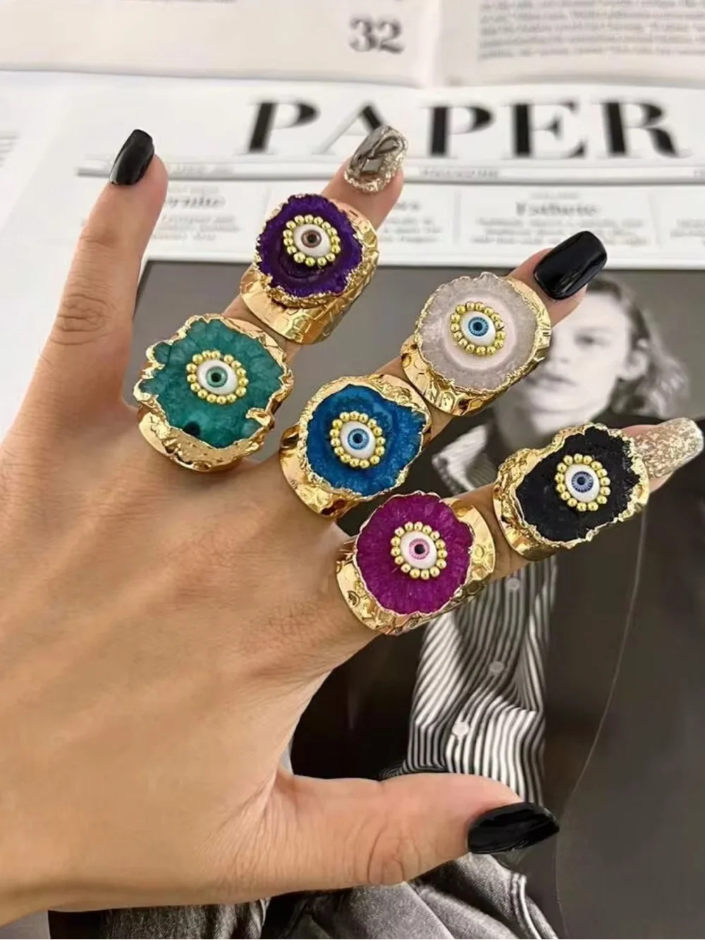 New! Gold-Plated Synthetic Geode Druzy Agate Blue Evil Eye Statement Ring